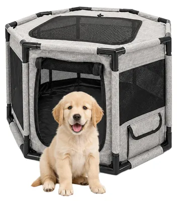 Productafbeelding van Relaxdays Puppyren, hoogte x breedte x diepte: 45 x 72 x 72 cm, geschikt voor binnen en buiten, gaas, polyester, staal, ren voor dieren, grijs/zwart