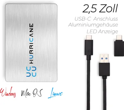 Produktbild von MD25C3 silber Hurricane 500GB 2.5 Zoll Externe tragbare Festplatte USB Type C External HDD Mobile Speicherplatte für Fotos smart TV PC Laptop Computer ps4 ps5 Xbox kompatibel mit Windows Mac OS Linux