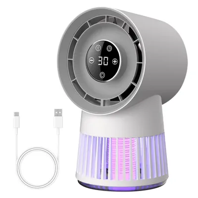 A white and gray electric fan with a digital display and purple UV light at the base, shown with a white USB cable.