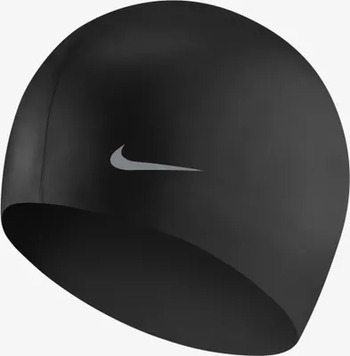 A black Nike swimming cap with a silver Nike logo.