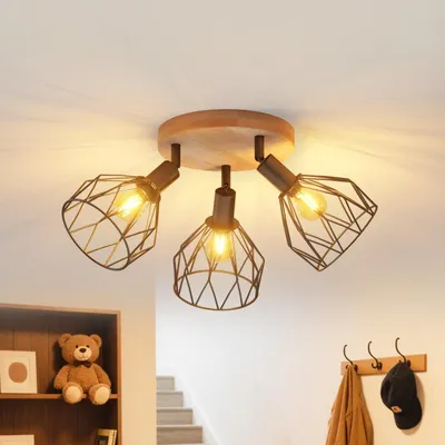 Immagine prodotto di LVWIT Plafoniera LED a 3 luci, attacco E14, rotonda, orientabile, plafoniera con faretti in legno nero, ideale per cucina, camera da letto e soggiorno (senza lampadine)