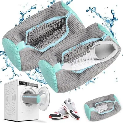Produktbild von Ibenzoa® Schuh-Waschbeutel 2er-Set für Waschmaschine, Polyester-Nylon, wiederverwendbar, gummierte Reißverschlüsse mit Knoten, leicht & reißfest