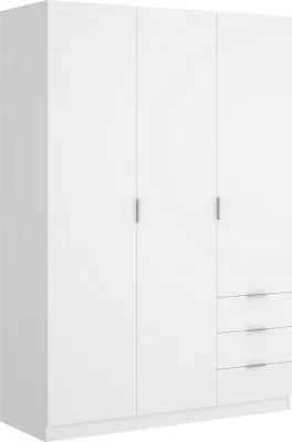Produktbild von Garderobe Warren, Schlafzimmerschrank mit 3 Türen und 3 Schubladen, Schrank mit 3 Einlegeböden und Kleiderstange, 121x52h180 cm, Weiß