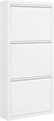 Produktbild von Schuhschrank mit 3 Klappen, 50x106x15 cm, aus Metall, Schuhkommode schmal, Weiß