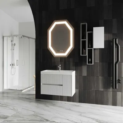 Immagine prodotto di Mobile bagno sospeso 80cm cannettato bianco con specchio led | Cortina