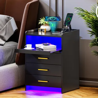 LED-Nachtkastje mit Ladefunktion, 24 Farben, 3 Schubladen, schwarz