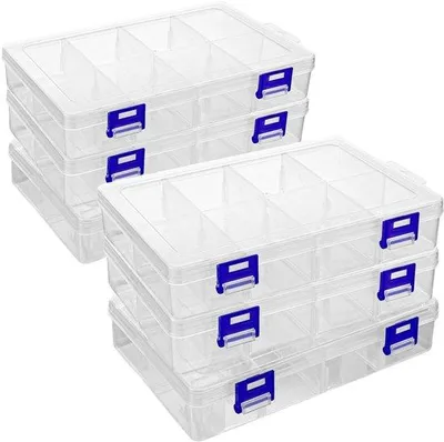 Immagine prodotto di Ibenzoa® Set di 6 contenitori per piccoli oggetti – 8 scomparti regolabili, realizzati in plastica trasparente, impilabili con chiusura a scatto, dimensioni 20 x 13,5 x 4,5 cm