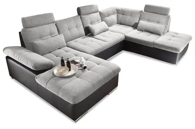 Produktbild von Couch "Jakarta" Wohnlandschaft Sofa Lederlook Schlaffunktion Schlafsofa schwarz hellgrau Ottomane rechts 324 cm