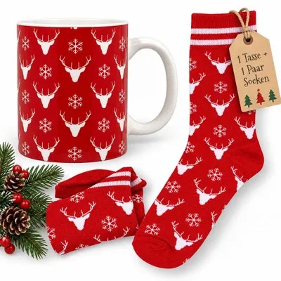Weihnachts-Geschenkset: Tasse 300 ml + Socken, Rentier-Motiv