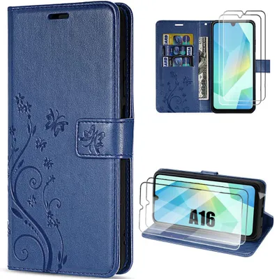 Image de Coque + 2 Verres Trempés pour Samsung Galaxy A16 5G/4G, Protection Synthécuir Motif Floral Papillon - Bleu Foncé