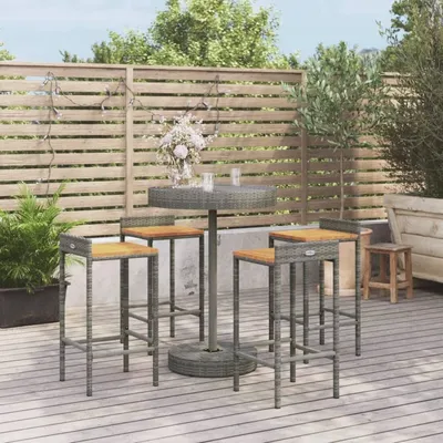 Produktbild von 5-teiliges Gartenbar-Set aus Akazienholz und PE-Rattan in Grau mit Bartisch und Hockern