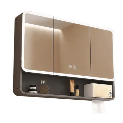 Image de Armoire de toilette, armoire de toilette avec LED, miroir de salle de bain avec armoire, armoire de toilette murale, noir 100【JG-H1134】