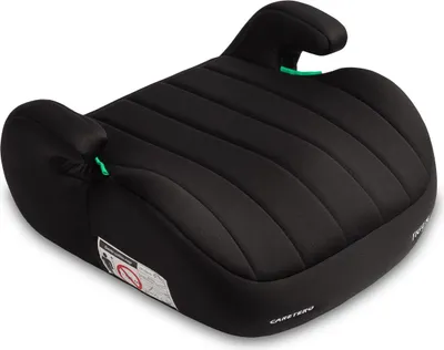 A black car seat booster seat shown from a diagonal angle.