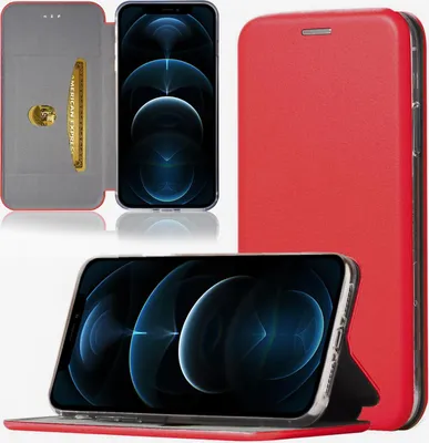A red flip case for an iPhone 12 Mini is displayed from multiple angles, including open to show the card slot and closed.