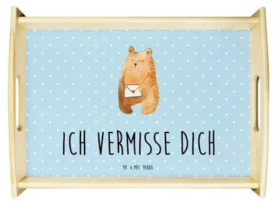 Produktbild von Mr. & Mrs. Panda holz serviertablett Bär Liebesbrief - Blau Pastell - Geschenk, Freundin, Deko Tablett, Holztablett, Sehnsucht, Vermissen, Servier, Teddy, Partner