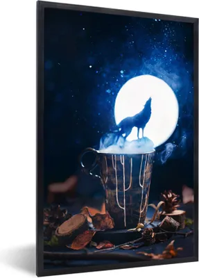 Produktbild von MuchoWow® MuchoWow® Gerahmtes Poster Wolf heult den Mond an 20x30 cm - Poster mit zchwarzem Bilderrahmen - Drucken - Bilder Poster im Rahmen