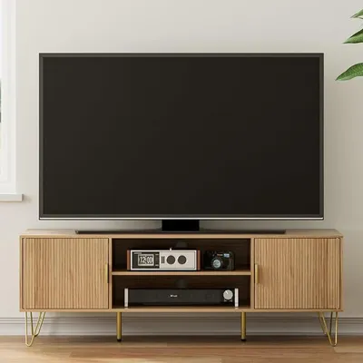 Imagen del producto de Mueble de TV, mueble bajo para televisores de hasta 60 pulgadas, mueble de TV de 2 puertas con armarios para el salón (color madera, 137 x 38 x 48 cm)