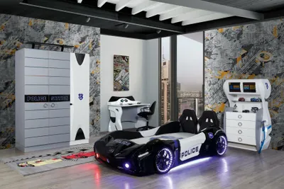 Obrázok produktu pre Detská izba pre mládež Súprava do detskej izby auto posteľ šatníková skriňa stôl 4 ks