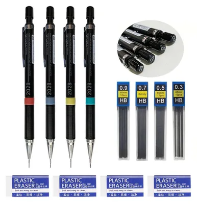 Produktbild von Druckbleistift 0,3/0,5/0,7/0,9 mm, 4 Röhrchen (48 Stück) Bleistiftmine HB Minenstift und 2 Radiergummis, Druckbleistift zum Skizzieren, Zeichnen, Schreiben und für Hausaufgaben (Schwarz)
