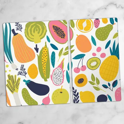 Produktbild von Glas-Herdabdeckplatten Glaskeramikkochfeld-Abdeckung Spritzschutz Schneidebrett Zweiteilige Glas 70x52 cm Zeichnung Obst