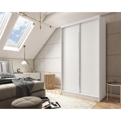 A bedroom with a large white sliding door wardrobe, a bed with a blanket, and a skylight.