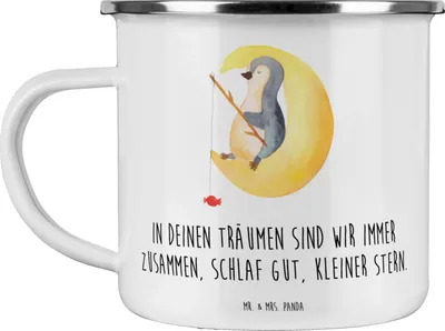 Produktbild von Mr. & Mrs. Panda Teetasse Alleine schlafen lernen - Weiß - Geschenk, Campingbecher, Emaille Becher, Trost, Inspiration, Worte vermitteln, ruhige Nacht, Reisebecher, Pott