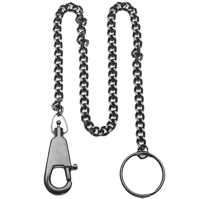A black metal chain with a carabiner clip and a key ring attached, isolated on a white background.