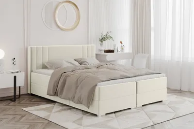 Produktbild von MEBLINI Boxspringbett mit Bettkasten - Gepolstert Doppelbett mit Matratze und Topper - Polsterbett mit Stauraum - Bett mit Kopfteil - Stauraumbett - ALBA - 160x200 - H3B/Creme Samt