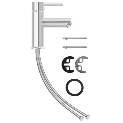 A chrome-plated faucet with its accompanying installation hardware, laid out on a white background.