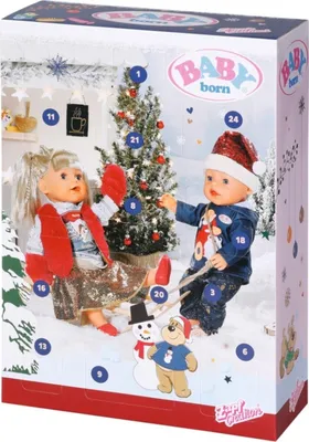 A Baby Born advent calendar box featuring two dolls, a Christmas tree, and festive decorations.