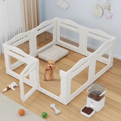 Immagine prodotto di Recinto per cani, recinto per cuccioli - Recinto in plastica trasparente con porta - 8 elementi - 129x129x60 cm - Adatto per cani e gatti di piccola taglia - Utilizzabile sia all'interno che all'esterno - Bianco trasparente