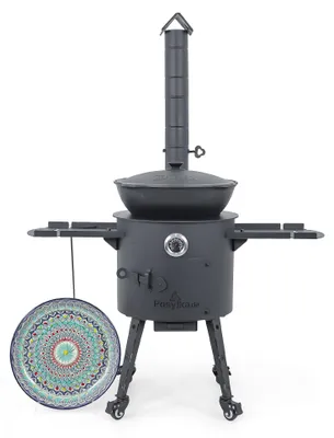 Produktbild von Utschak Feuerofen Ø 40 cm + Gusseisen-Kasan 12 L, runder Boden + Küchenzubehör, Usbekischer Kochtopf aus Gusseisen