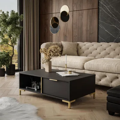 A modern living room scene featuring a couch and coffee table.