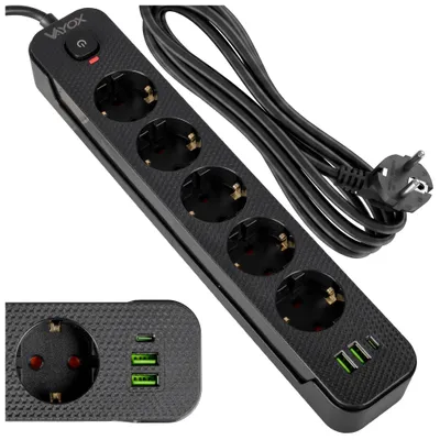 Produktbild von Vayox Steckdosenleiste 5-Fach Schuko 1,5m Schwarz | Mehrfachsteckdose mit 1x USB-C 2x USB-A 1A | 2500W Mehrfachstecker mit Schalter Schuko