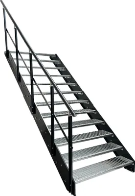 Obrázek produktu pro Ocelové příčkové schodišťové rošty 12 stupňů zábradlí vlevo - pozinkované a antracitově práškově lakované strany - (š x v x h) 100 x 228 x 234 cm