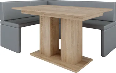 A dining set with a corner bench and a table.