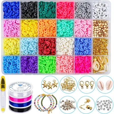 Produktbild von Polymer Clay Beads Perlen Set, 3600 Stück Flach Perlen mit 72 Stück Buchstabenperlen, 6mm Clay Perlen Basteln für DIY Armbänder Halskette Schmuck Selber Machen Set