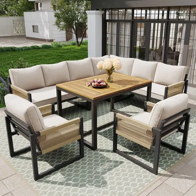 Produktbild von Gartenmöbel-Set 7-8 Personen Seilgeflecht Esstisch & Kissen Beige Gartengarnitur
