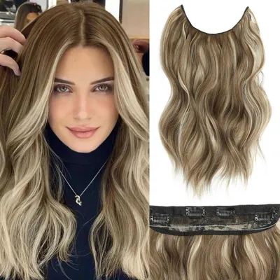 Image de Extension de cheveux ondulés, longueur 40,6 cm, avec 4 clips, couleur marron/blond moyen