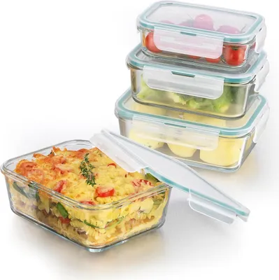 A stack of glass food storage containers with lids, one of which is open and shows a casserole dish.