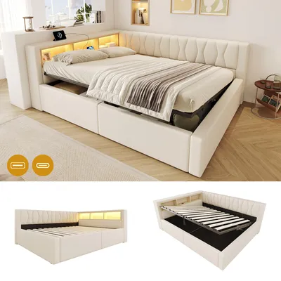 Zdjęcie produktu dla Łóżko jednoosobowe o wymiarach 140 x 200 cm z hydraulicznym pojemnikiem, regulowanym oświetleniem LED, półką i portem USB, obicie z lnu, bez materaca