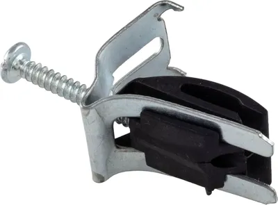 A close-up studio shot of a metal and rubber sink mounting clip with a screw.