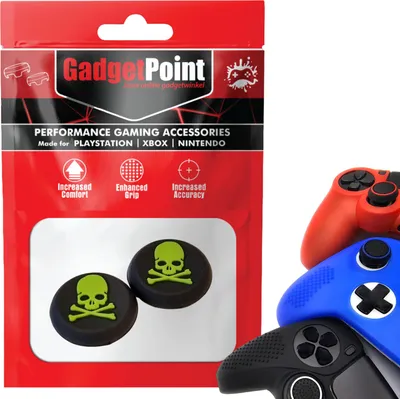 Produktbild von Thumbgrips - Thumb Grips voor PlayStation, PS5, Xbox X/S, One & Switch Pro Controller - Gaming Thumbgrips - Performance Anti-Slip Thumbsticks - Bescherming Accessoires - Skelet - Zwart met Groen -