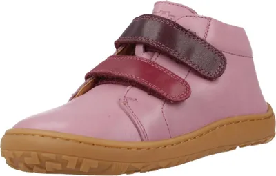 A single pink child's shoe with burgundy straps is shown against a white background.