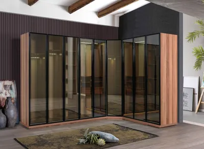 Immagine prodotto di Armadio angolare per camera da letto, design moderno, in legno, colore marrone