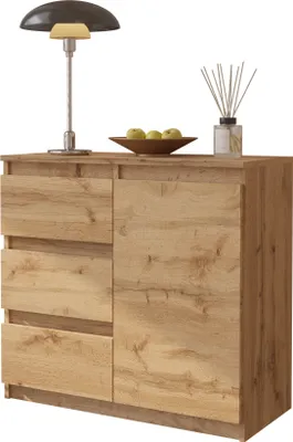 Obrázok produktu pre FURNICA - MIKEL - Komoda s 3 zásuvkami a 1 dvierkami - dub Wotan V75cm Š80cm H35cm