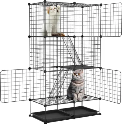 Imagen del producto de QEENTOE, jaula para gatos de metal, con 3 niveles y 2 escaleras, recinto plegable para gatos, apto para interiores y exteriores, jaula para pequeños animales, dimensiones: 74 x 37 x 126 cm