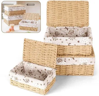 Produktbild von Unyqoos® Handgewebte Aufbewahrungskörbe 3er-Set mit Deckel – Naturmaterialien, Metallrahmen, abnehmbares Baumwoll-/Leinenfutter, S 22×13×9 cm M 26×17×11 cm L 30×21×13,5 cm