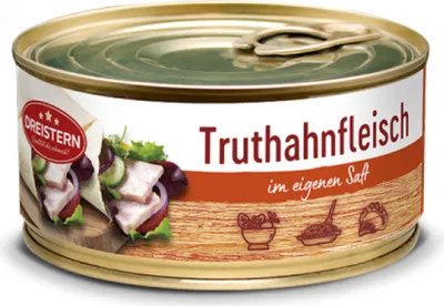 Produktbild von Dreistern Truthahnfleisch mit eigenen Saft in der Ringpull Dose 300g