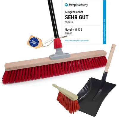 Produktbild von Novaliv Straßenbesen mit Stiel 80 cm Elaston Borsten inkl. Kehrgarnitur verzinkt mit Gummilippe bestehend aus Kehrblech & Handfeger Idealer Gartenbesen Terassenbesen Hofbesen Stallbesen Outdoor broom